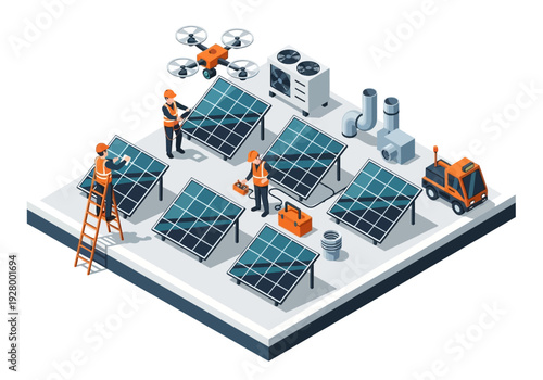 Renewable energy farm installation with workers, drones, and equipment in an isometric view, showcasing solar panel setup