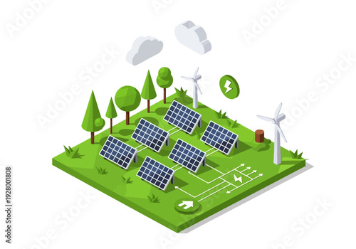 Sustainable energy generation with solar panels and wind turbines on a green landscape