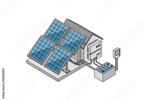 Illustration of a residential solar panel system with battery storage and inverter on a house