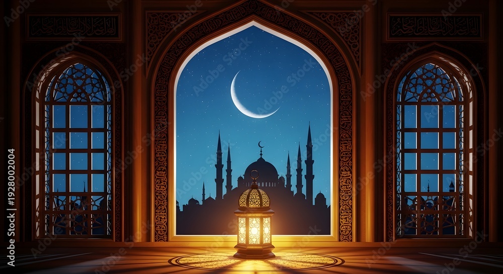 Obraz premium Moonlit mosque view through arched window