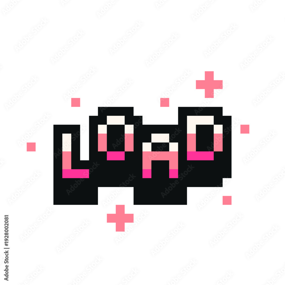 Obraz premium Glittery Pink Load Text Symbol, Pixel Art Icon, Isolated