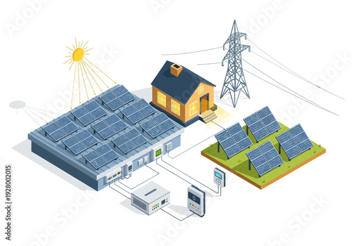 Solar energy system powering a residential house with rooftop and ground-mounted panels, grid connection, and storage