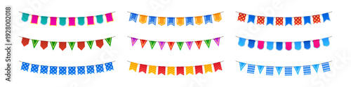 Bunting flag garland with colorful pennants for birthday party celebration. Festive banner with triangle and rectangle shapes on string for carnival and fair events. Anniversary or Christmas elements