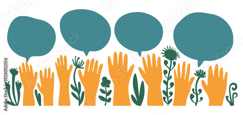 Speech of hand and people group for bubble diverse talk background. Exchange of arm voice chat and idea for discussion. Social balloon, together speak human message flat vector
