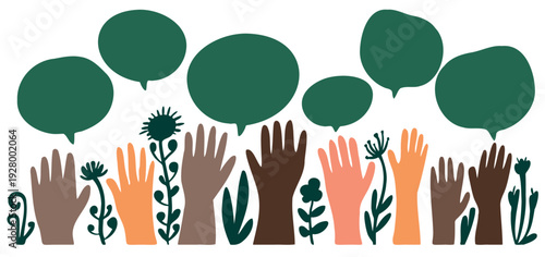 Speech of hand and people group. Bubble for diverse talk on background. Exchange arm voice chat for multicultural idea. Discussion balloon, social holding vector illustration