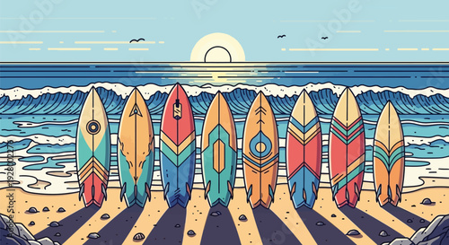 Vector illustration of colorful surfboards lined up on a sunny beach
