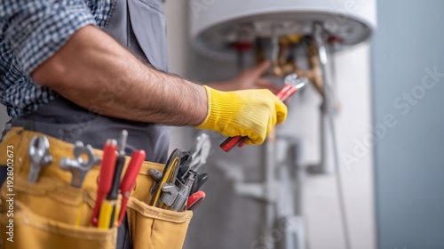 Technician repairing a furnace/water heater with tool belt and wrench, symbolizing furnace repair service and home heating maintenance.
