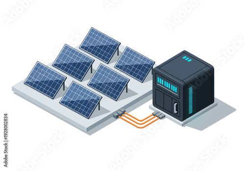 An isometric illustration of a solar panel system connected to a server rack, representing renewable energy and data storage solutions
