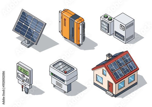 Collection of isometric illustrations depicting solar power equipment, including panels, inverters, meters, and a house with solar roof integration