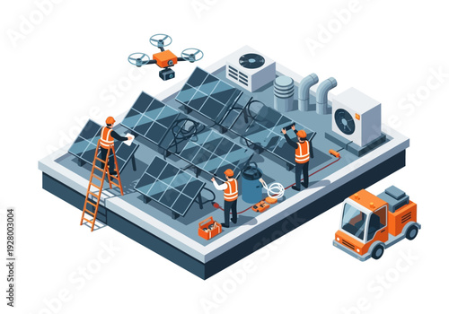 Installation of solar panels by workers on a rooftop with a drone and service vehicle