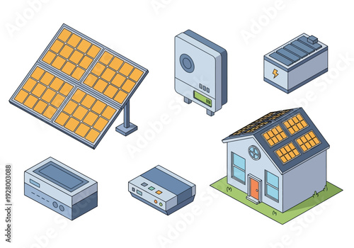 Set of icons representing solar energy equipment and a house with solar panels on the roof, emphasizing renewable power generation