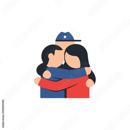 Three people embracing warmly, showing support and togetherness, with one person wearing a hat, possibly a uniform, in a flat graphic style.