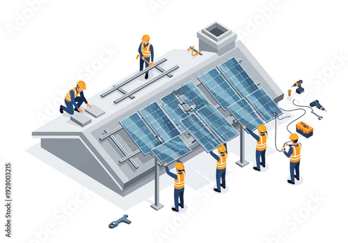 Installation of solar panels on a rooftop by a team of workers in a detailed isometric illustration