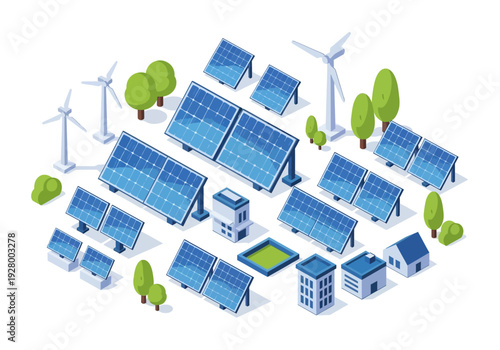 Eco-friendly renewable energy sources with solar panels and wind turbines powering a modern cityscape