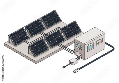 Solar panels connected to an inverter and control box, representing renewable energy generation and power supply