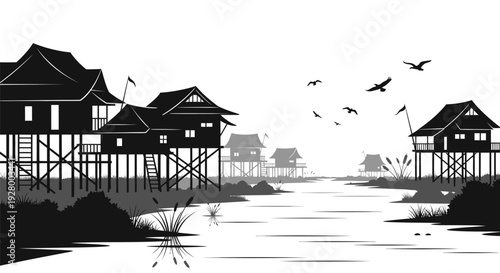 Serene black and white illustration of stilt houses by a tranquil river.