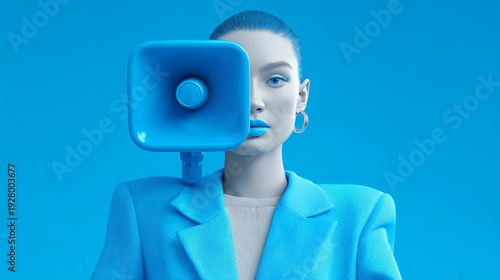 Wallpaper Mural A woman with a sleek, pulled-back hairstyle and silver hoop earrings. Her skin is a pale, desaturated blue/grey, while her lips and eyes are a sharp, electric blue. Torontodigital.ca