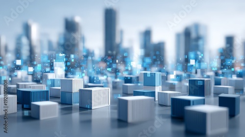 Wallpaper Mural A collection of blue and white shipping containers of various sizes scattered across a reflective, flat surface. Torontodigital.ca