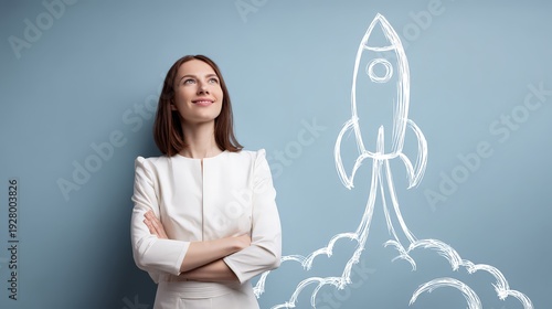 Wallpaper Mural A woman stands with her arms crossed on a hand-drawn rocket ship wall, symbolizing the "startup phase" or the first spark of a major idea, where vision meets professional execution. Torontodigital.ca