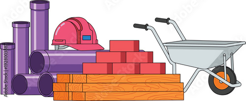 Construction materials set with bricks, wooden planks, PVC pipes, safety helmet and wheelbarrow, building equipment vector illustration