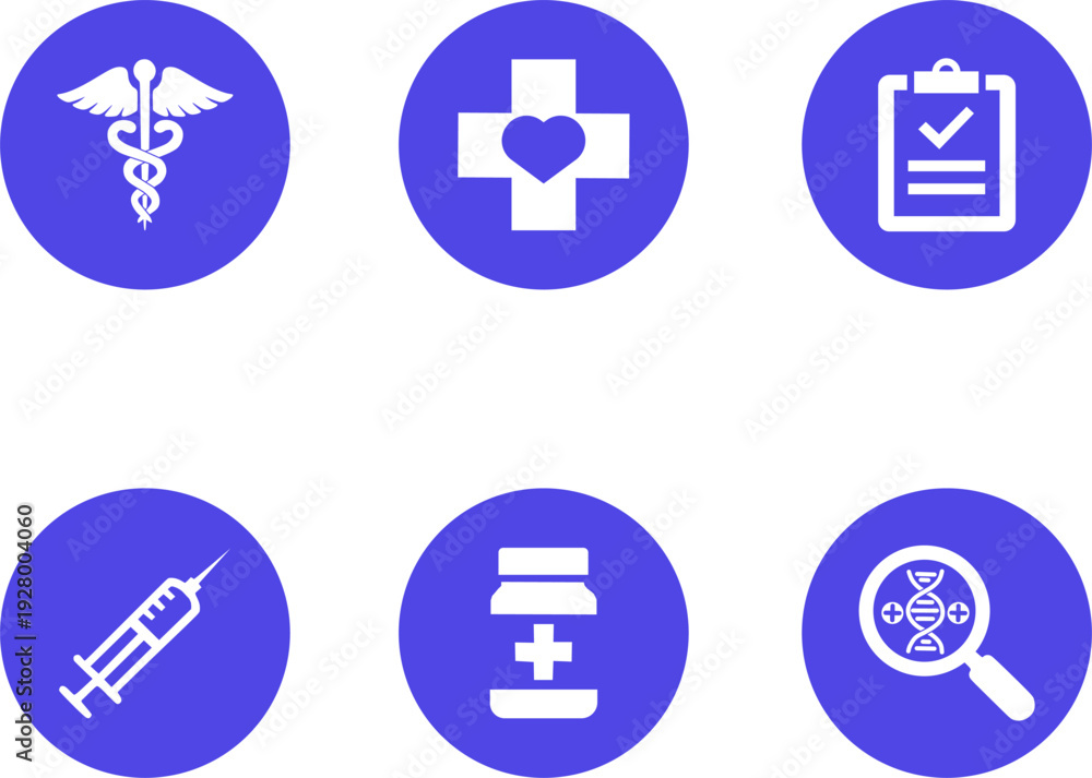 Fototapeta premium Healthcare Icon Collection in Indigo, Vibrant Minimalist Medical Symbols Set including Caduceus, Medical Cross, and Syringe for UI Web Design