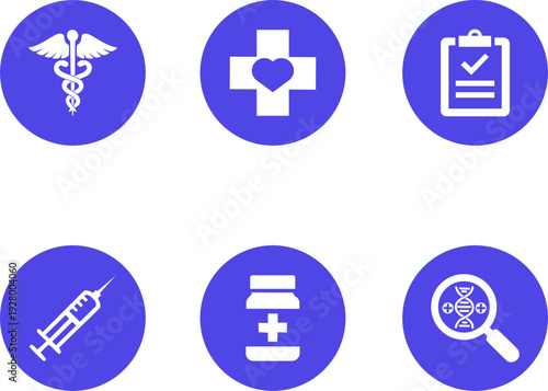 Healthcare Icon Collection in Indigo, Vibrant Minimalist Medical Symbols Set including Caduceus, Medical Cross, and Syringe for UI Web Design