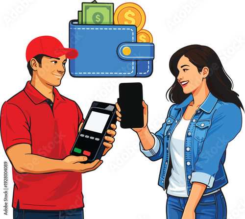 Smiling delivery man and woman using mobile payment terminal with wallet and money