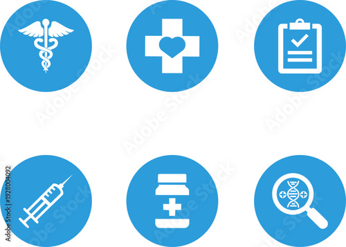 Healthcare Icon Collection in Blue, Vibrant Minimalist Medical Symbols Set including Caduceus, Medical Cross, and Syringe for UI Web Design