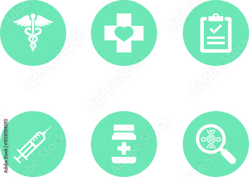 Healthcare Icon Collection in Mint, Vibrant Minimalist Medical Symbols Set including Caduceus, Medical Cross, and Syringe for UI Web Design