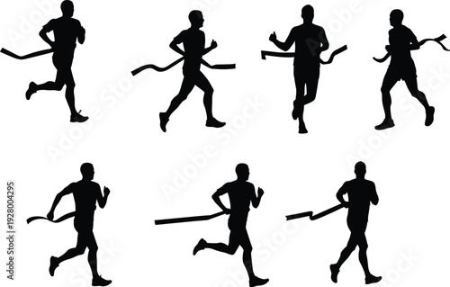Silhouette of runners finishing race, crossing finish line, winning marathon, sprint icons, athlete motion, black vector running illustration