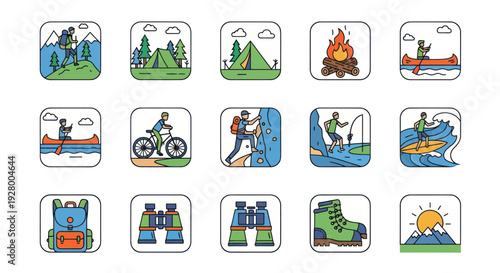 Hand-drawn colorful icon set of outdoor adventure camping and hiking activities.