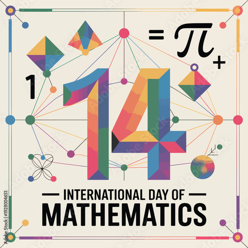 International Day of Mathematics, colorful geometric shapes, and mathematical symbols in geometry