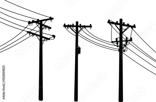 Silhouette of utility poles with transformers, insulators, crossarms, varied wiring configurations, electricity distribution, urban infrastructure, industrial landscape, high voltage grid