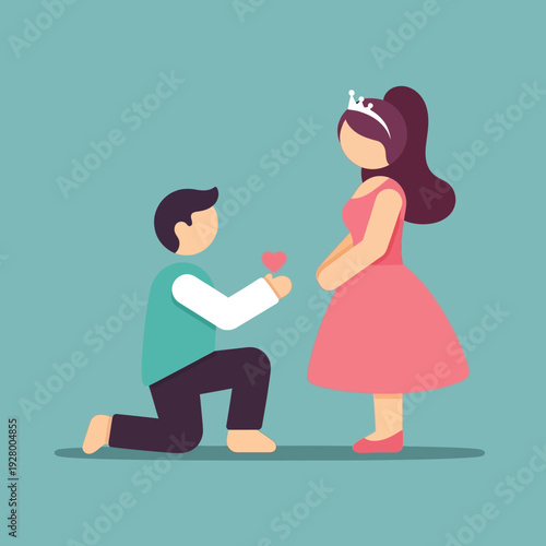 Flat design illustration of a man kneeling and offering a pink heart to a woman wearing a crown and a pink dress, symbolizing a romantic proposal.