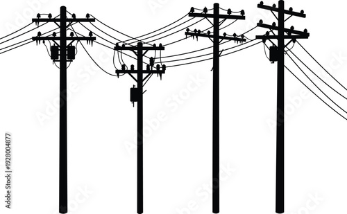 Silhouette of utility poles with transformers, insulators, crossarms, interconnected power lines, electricity distribution, urban infrastructure, industrial landscape, high voltage grid