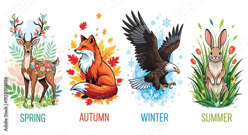 Four animals illustrating spring autumn winter and summer seasons