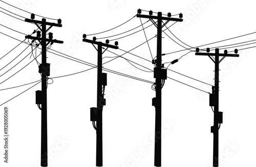 Silhouette of utility poles with transformers, crossarms, insulators, power lines, electricity distribution, urban infrastructure, industrial landscape, high voltage grid