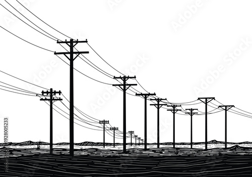 Silhouette of utility poles with power lines, perspective depth, vanishing point, textured ground, mountain horizon, rural infrastructure, high voltage grid