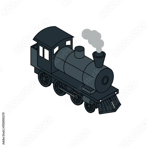 black steam locomotive train engine with smoke isometric vector illustration