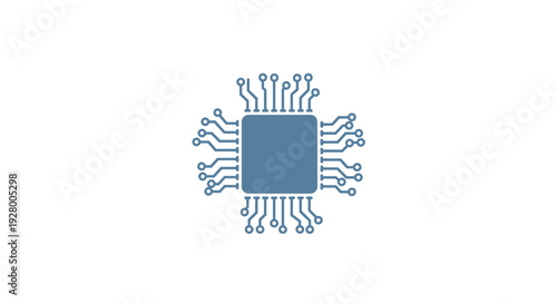 blue microchip icon with circuit board connections flat style technology symbol