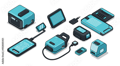 collection of futuristic electronic gadgets hand drawn isometric technology set