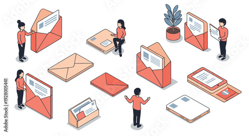 set of isometric hand drawn envelope icons with people and digital mail elements