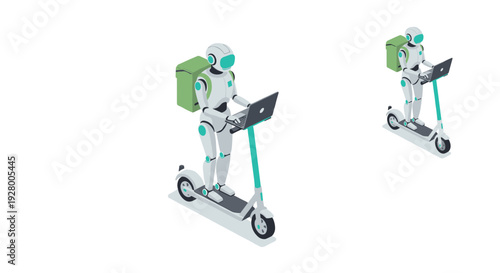 robot delivery courier riding electric scooter with laptop hand drawn vector illustration