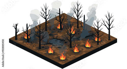 isometric illustration of forest fire with burning trees and smoke in hand drawn style