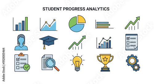 Student Progress Analytics Icon Set: Charts Graphs and Educational Symbols.