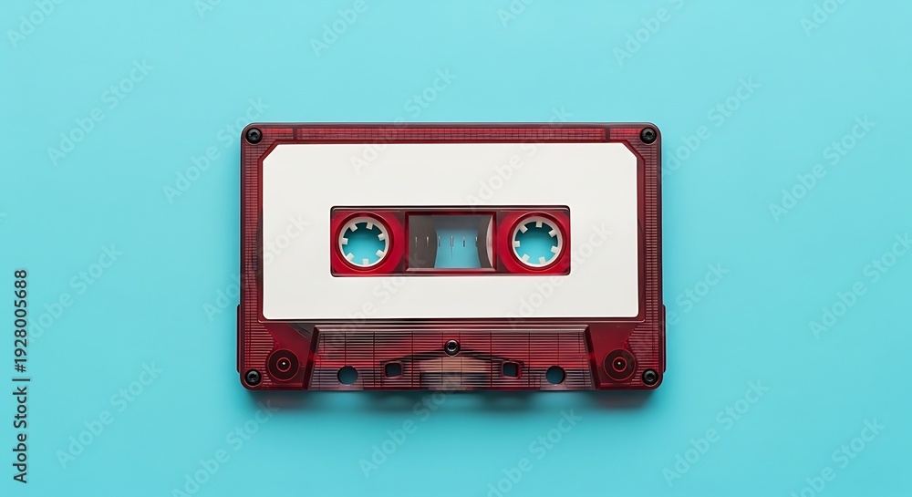 Fototapeta premium Vintage red cassette tape isolated on a vibrant blue background, retro music concept.