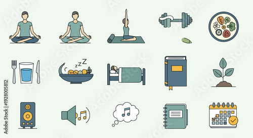 Collection of Wellness and Healthy Lifestyle Icons Representing Holistic Well-being.