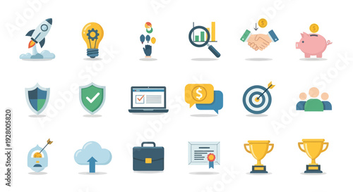 Set of modern flat vector icons representing startup investment security and success themes.