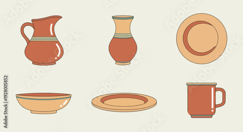 A flat vector illustration set of rustic ceramic pottery tableware in earthy terracotta tones.