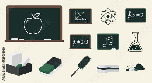School Chalkboard with Apple Drawing and Educational Icons.